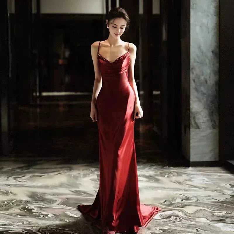 TingPo Wholesale Sexy Mermaid Spaghetti Straps Burgundy Satin Prom Dresses Evening Dress With Beads formal wear dresses 